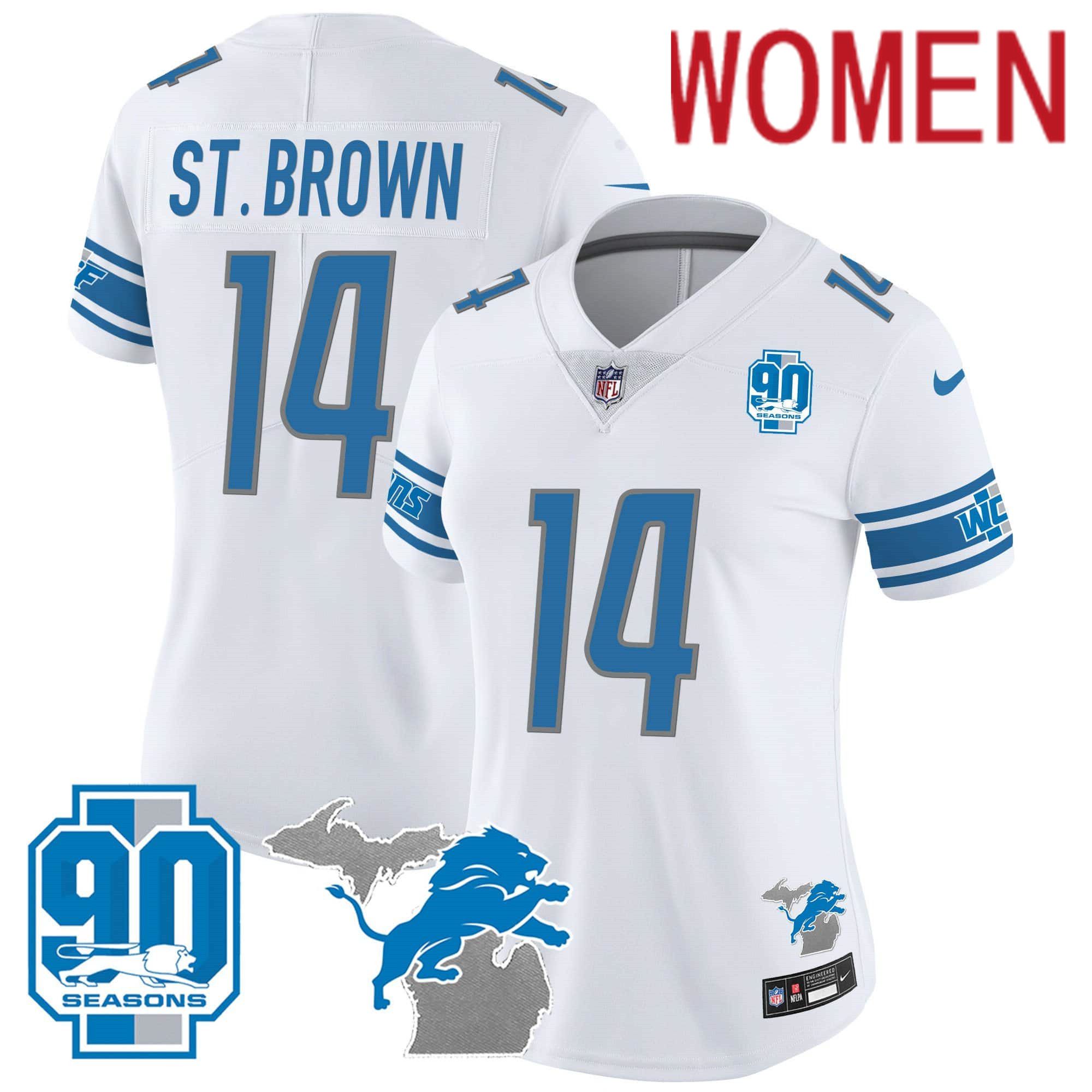 Women Detroit Lions 14 ST Brown White 2024 Nike 90th Year Michigan Patch Vapor NFL Jersey